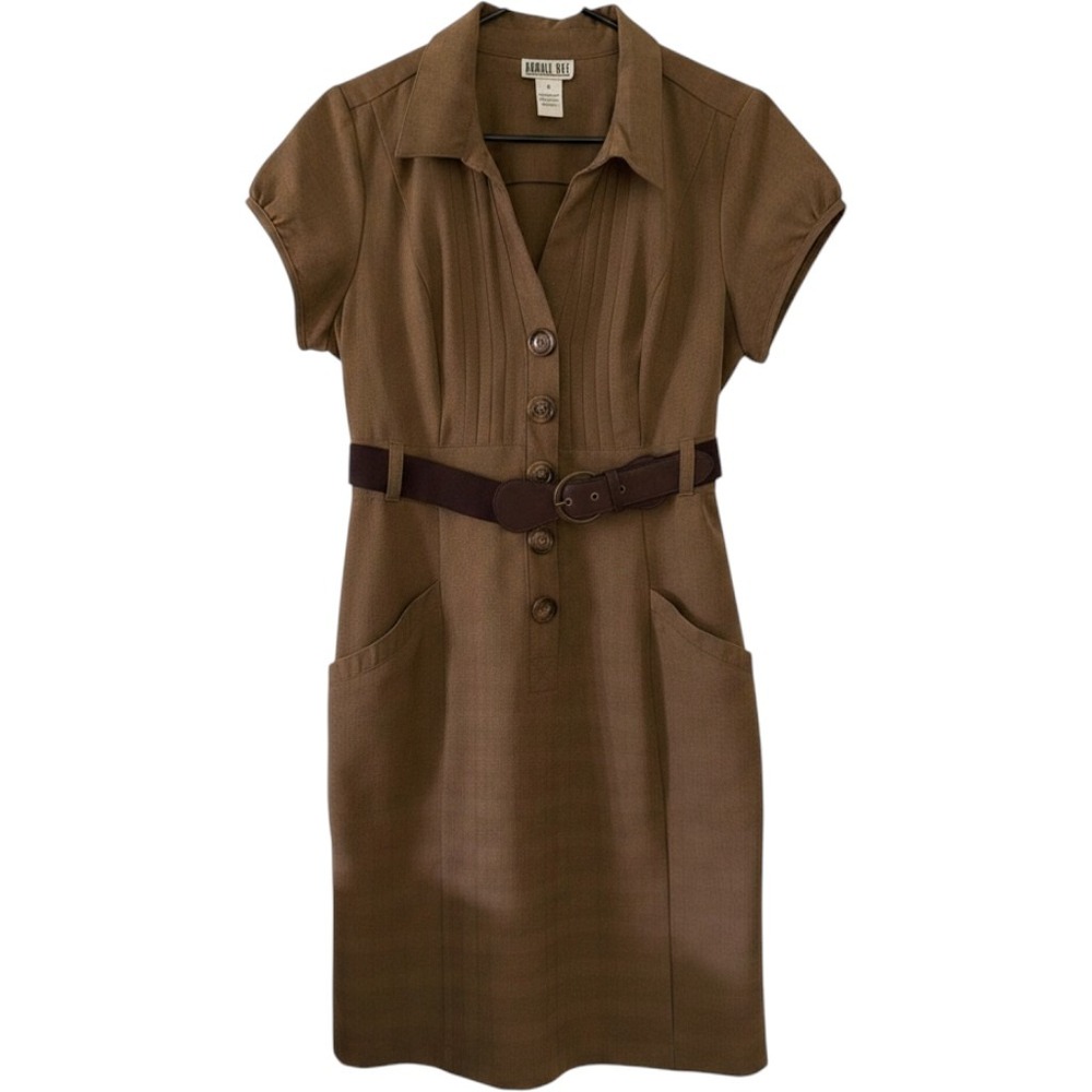 Vintage Robbie Bee Belted Shirt Dress Size 12 Tan Short Sleeve Retro Y2K Cottage
